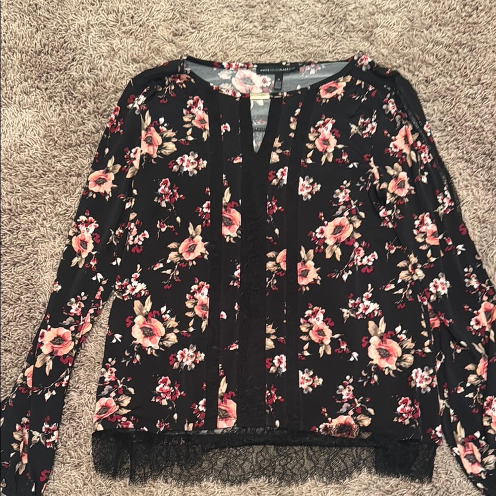 Floral Black Blouse with Lace Trim